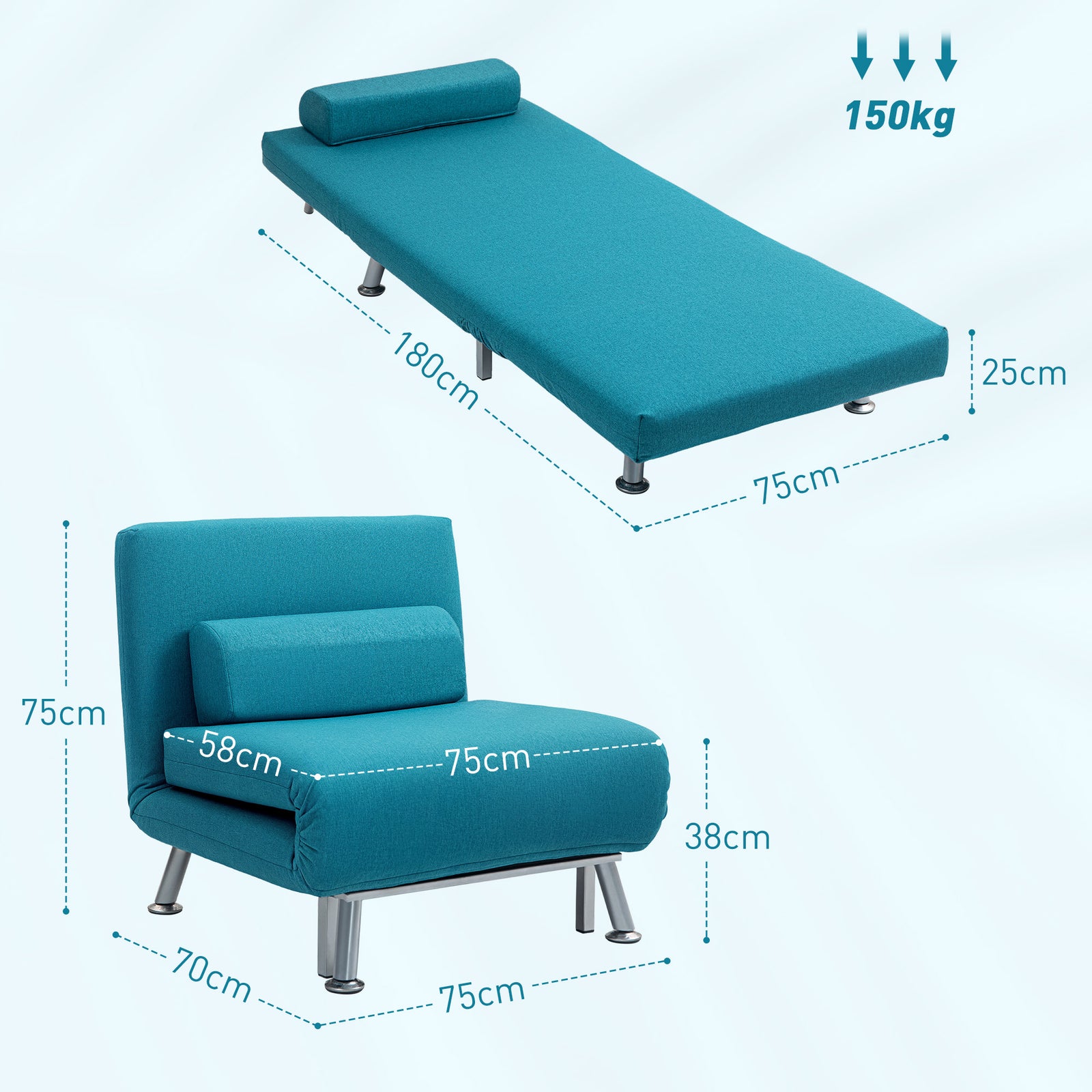 Single Folding 5 Position Convertible Sleeper Chair Sofa Bed | One Size | Dark Blue