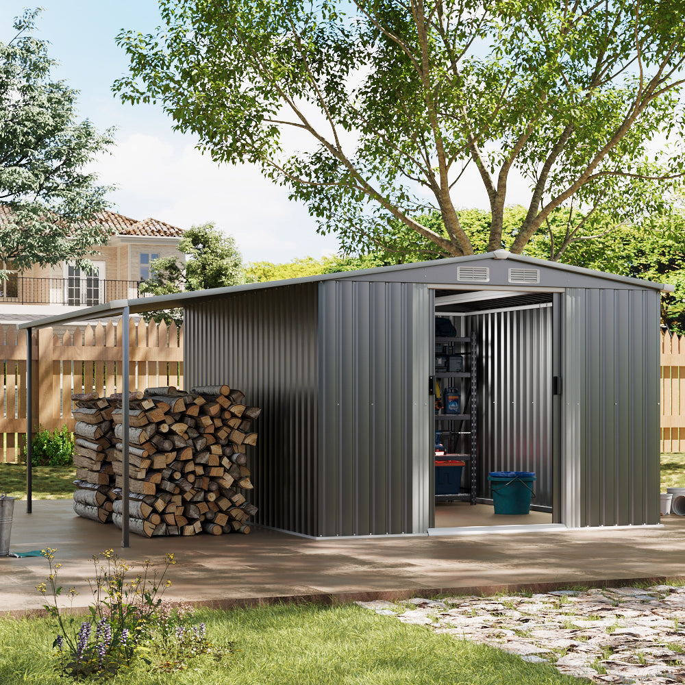 10x8ft Garden Shed Galvanised Steel Construction With Extended Firewood Roof Ample Storage Space