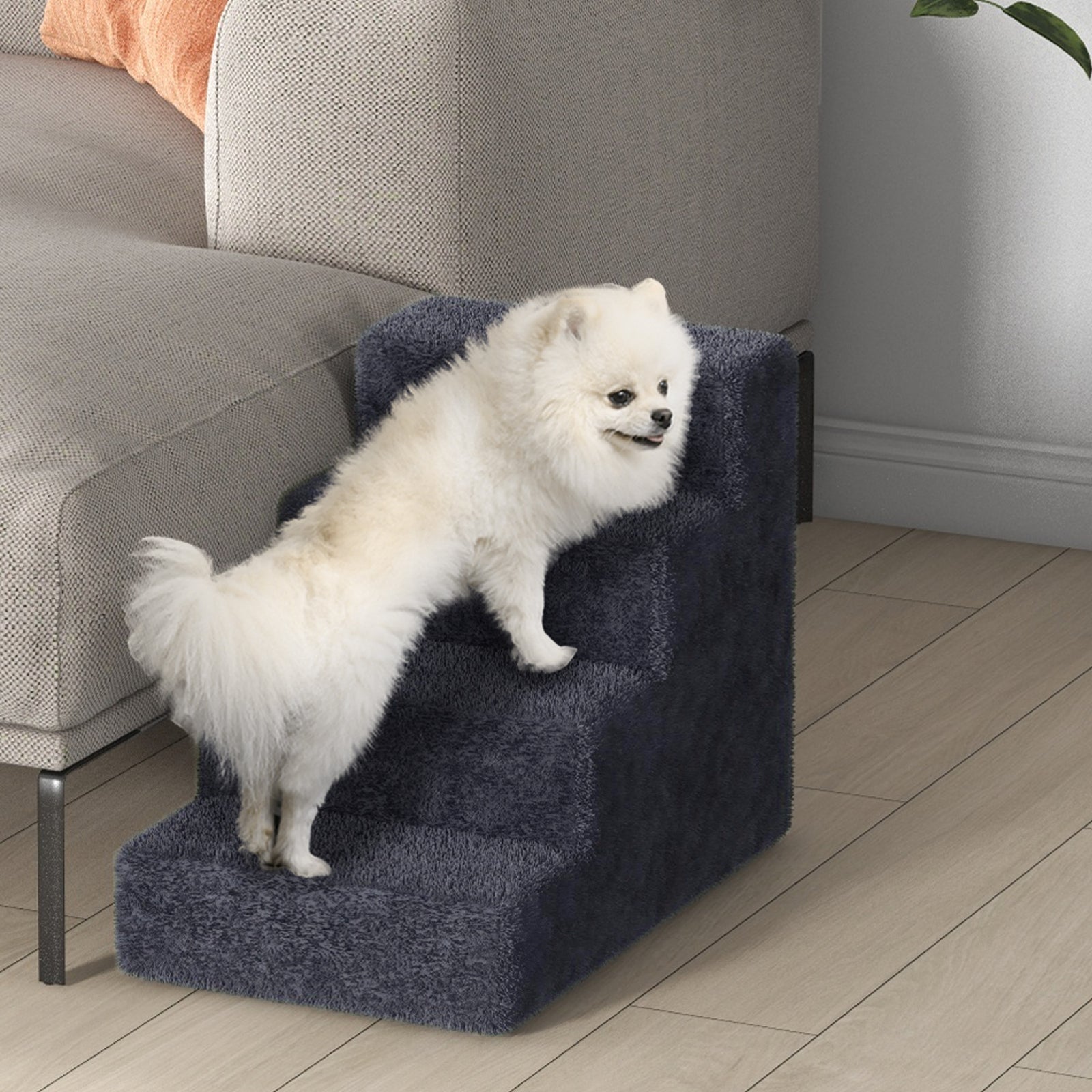 Pawhut Four-step Portable Dog Stairs With Washable Plush Cover, Dark Grey