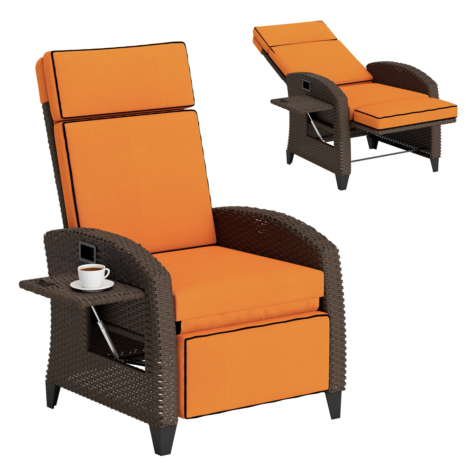Garden Recliner With Cushion, Rattan Recliner Chair With Armrests | Orange