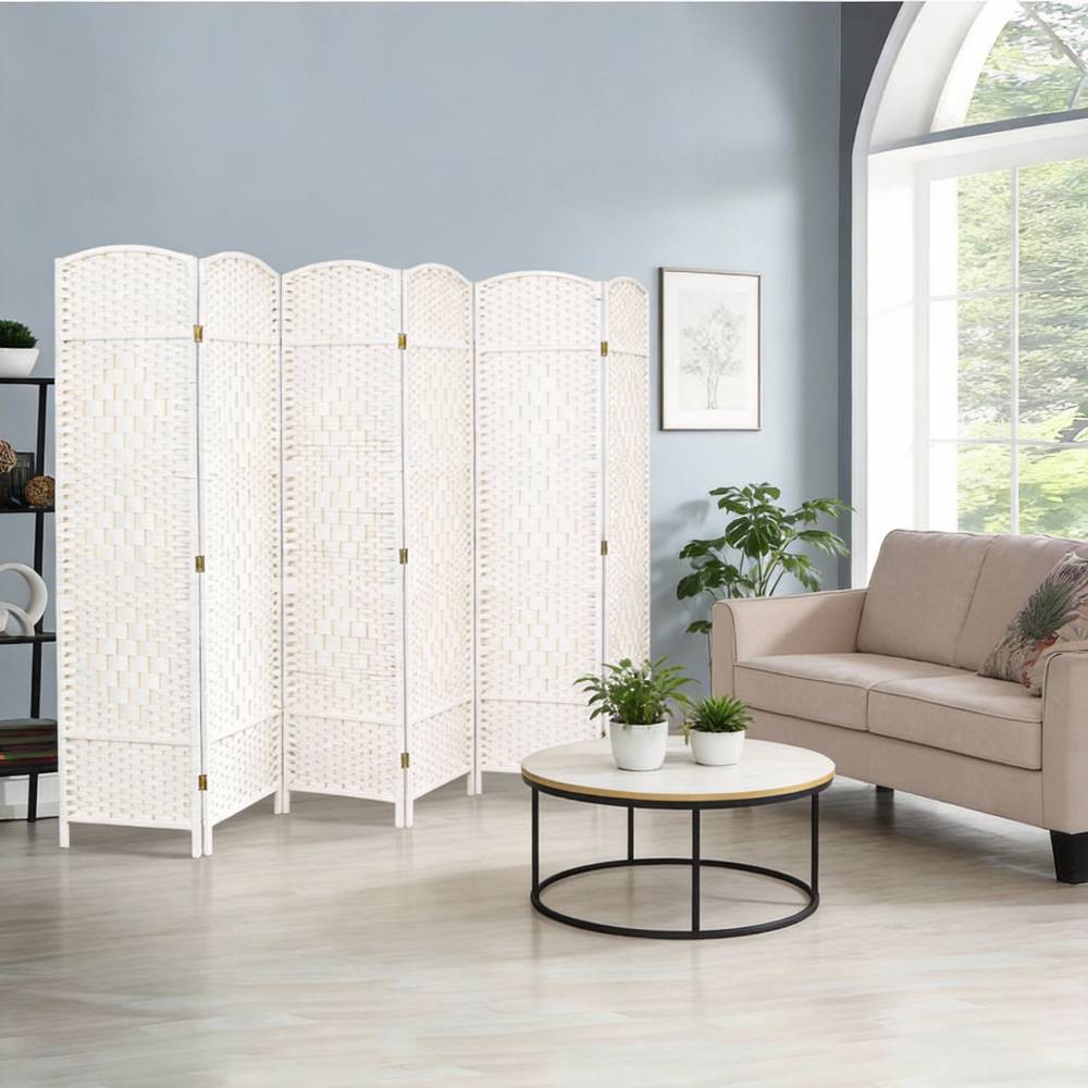 4/6-panel Foldable Room Divider – White Weave Fiber And Solid Wood Frame | Large