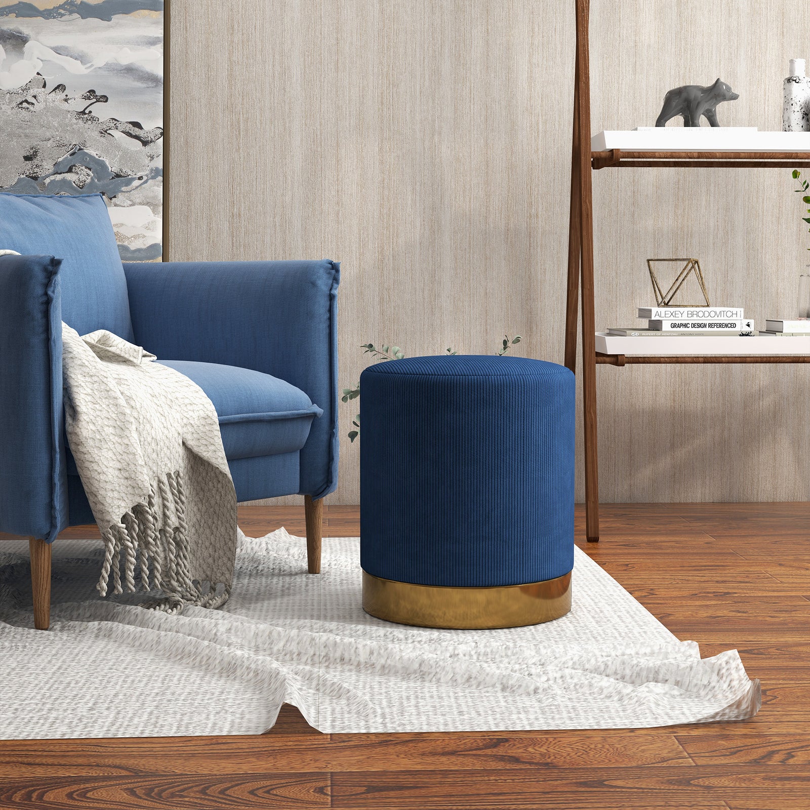 Modern Round Footstool, Fabric Upholstered Foot Rest | One Size | Blue