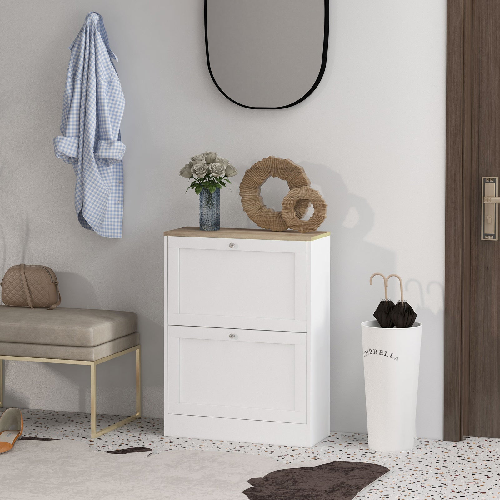 2 Flip Drawer Narrow Shoe Cabinet With Adjustable Shelves, White