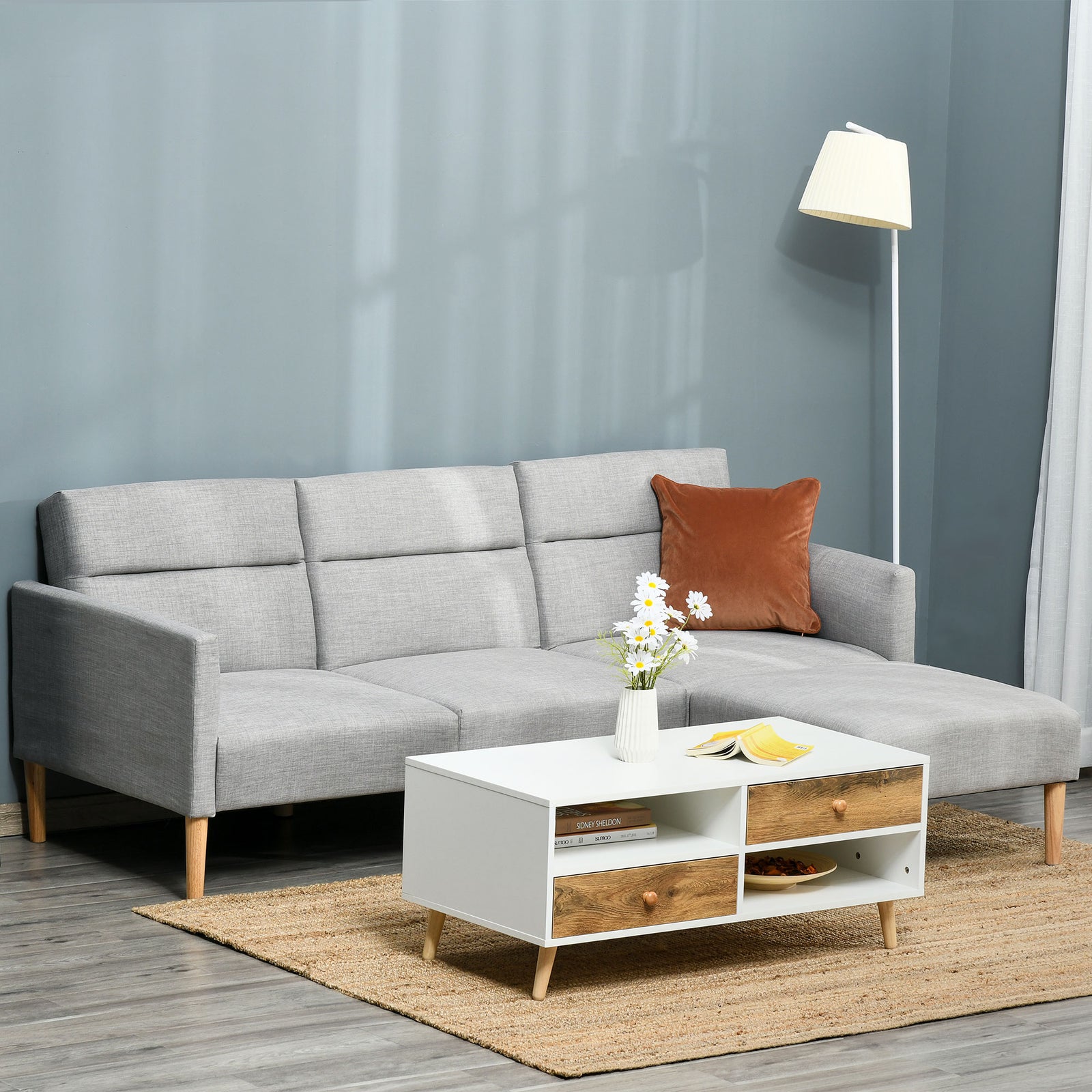 Reversible Sectional Sofa Set Linen Touch Sleeper