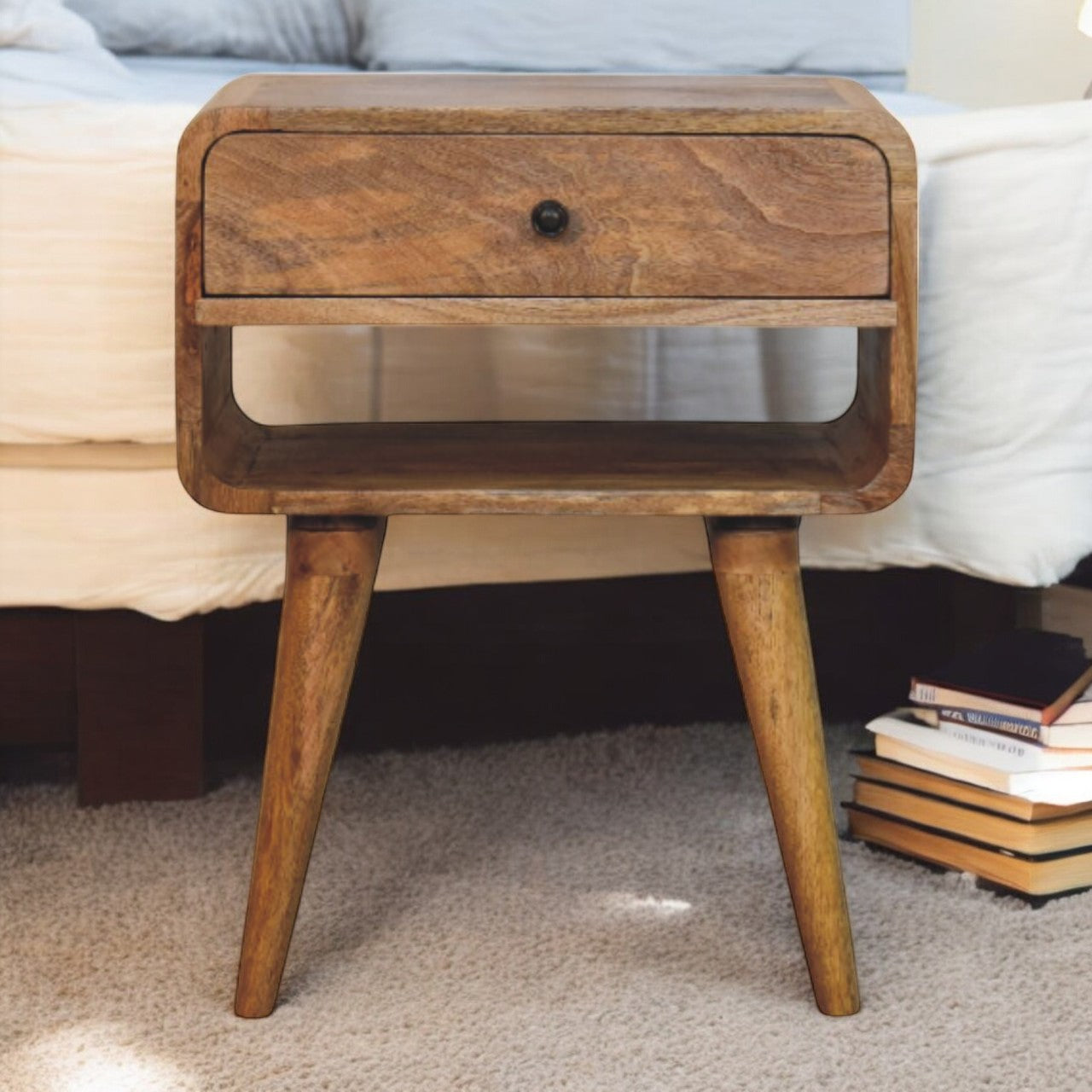 Solid Wood Avora Oak-ish Nightstand With Drawer And Open Slot