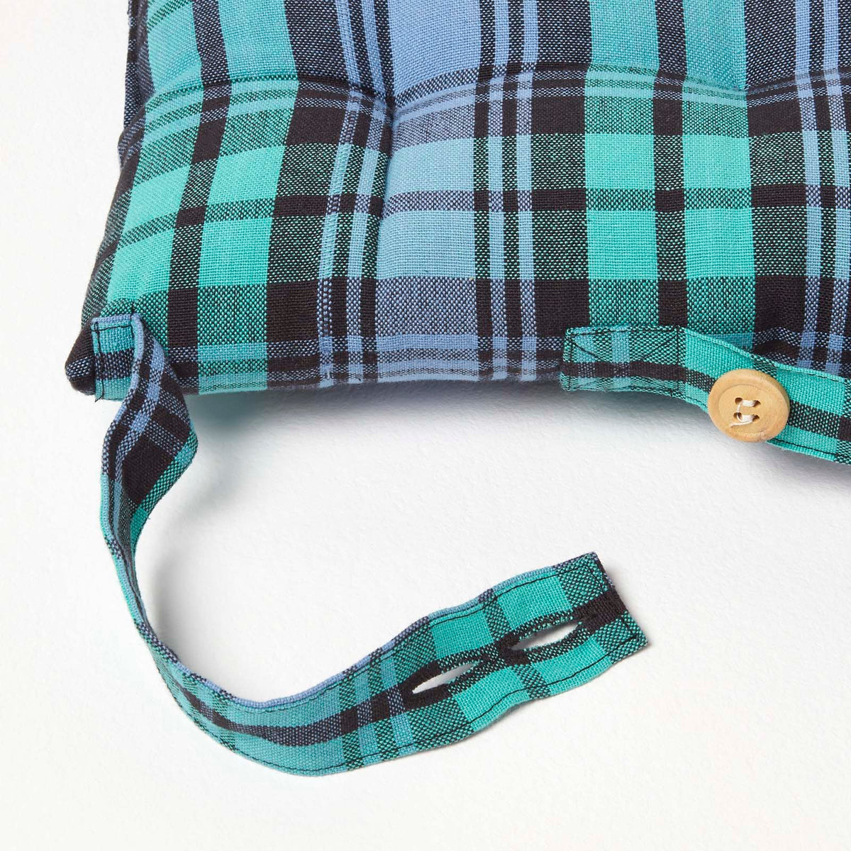 Tartan Check Seat Pad With Button Straps 100% Cotton, 40 X 40 Cm | Set of 1 | Blackwatch