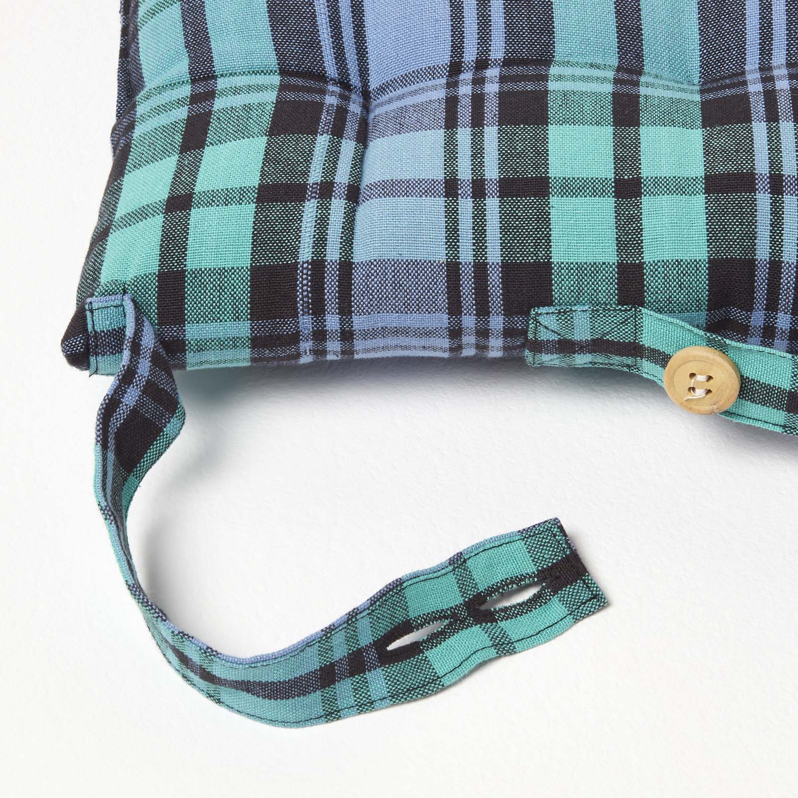 Tartan Check Seat Pad With Button Straps 100% Cotton, 40 X 40 Cm | Set-of-1 | Blackwatch