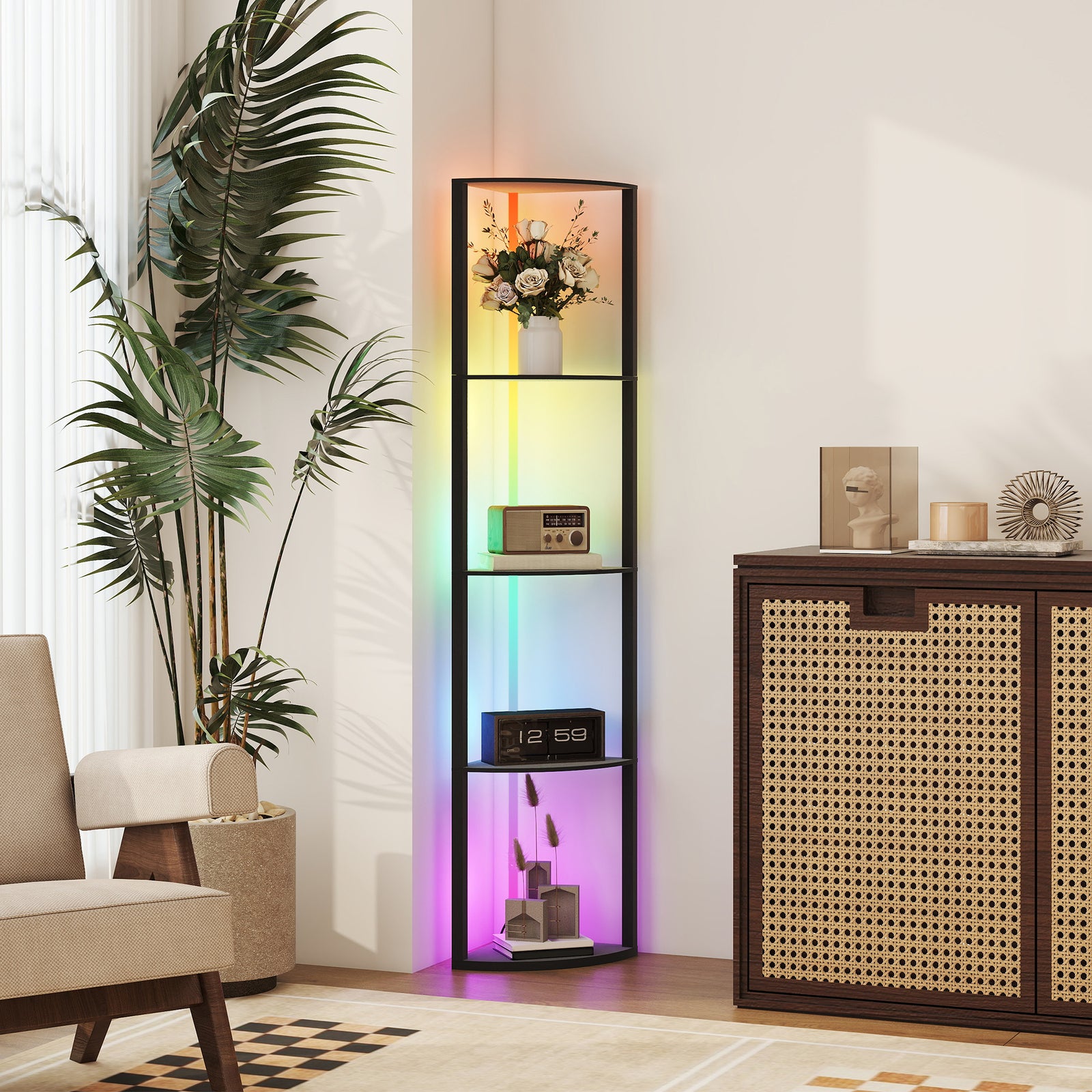 Rgb Led Floor Lamp With Shelves And Remote Control For Living Room | Black