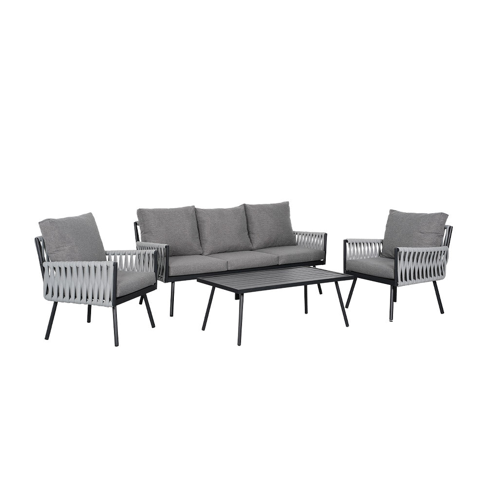 4-piece Garden Furniture Set With Sofa, 2 Armchairs & Table, Galvanised Steel Frame, Rope Weave Design, Weather-resistant Cushions | Grey