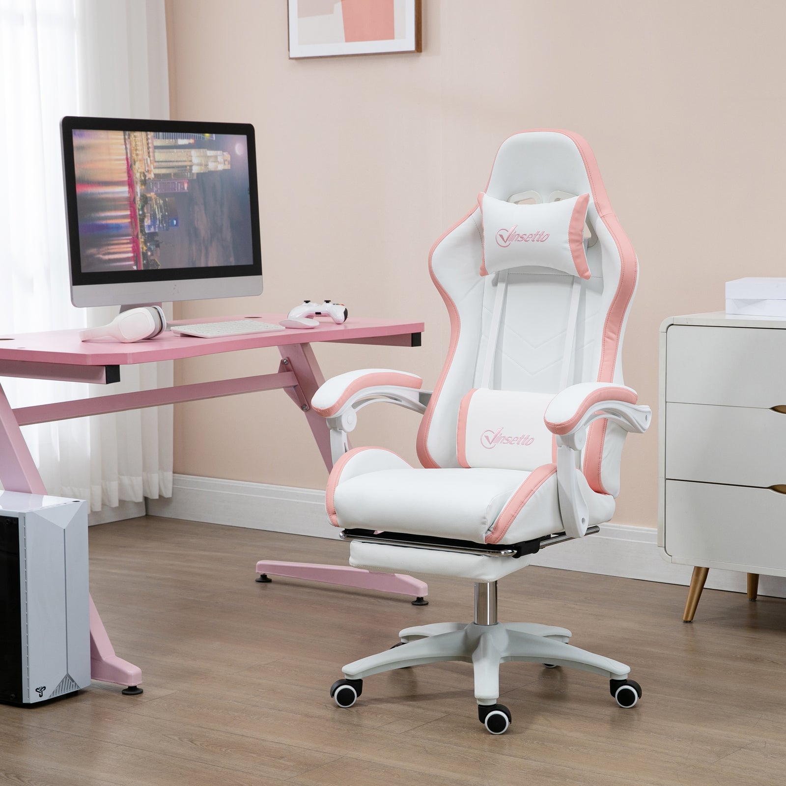 Reclining Pu Gaming Chair W/ Headrest | Pink