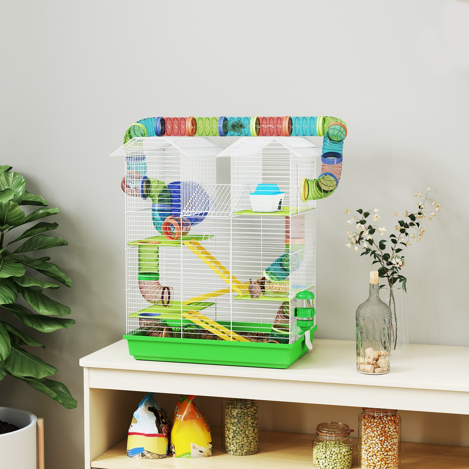 Pawhut 5 Tiers Hamster Cage Animal Travel Carrier Habitat, Green