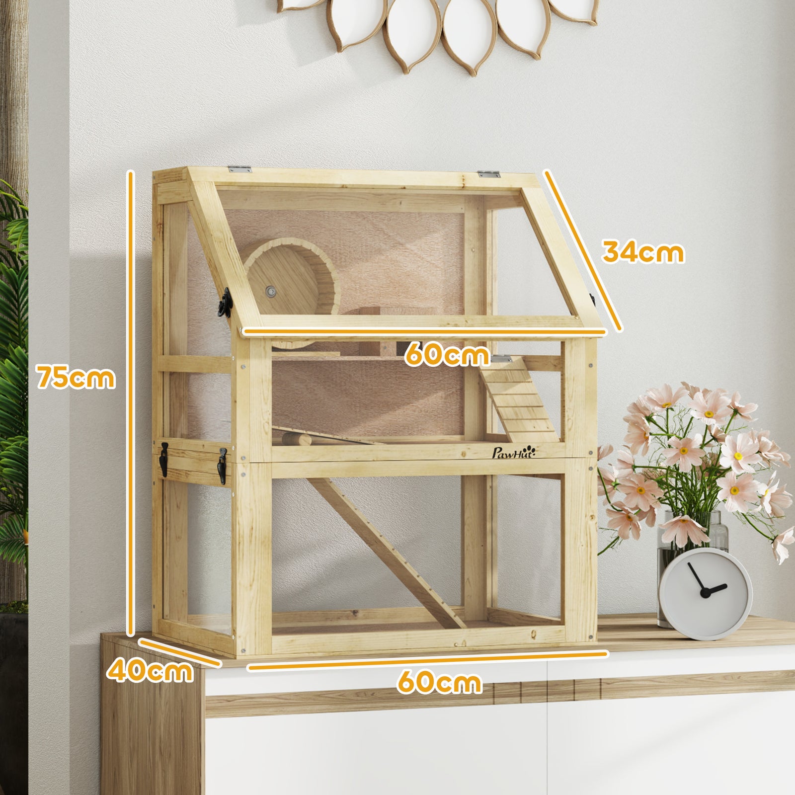 Wooden Hamster Cage W/ Detachable Bottom, Hut, Seesaw, 60 X 40 X 75cm