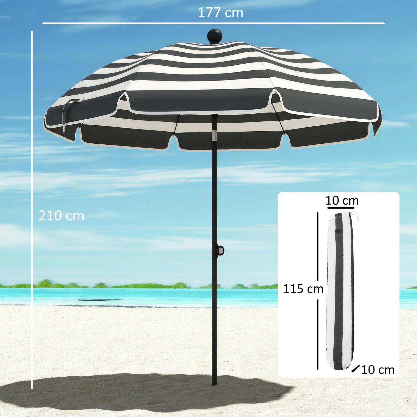 1.8 M Beach Umbrella Parasol With Sand Anchor, Tilt | Grey & White
