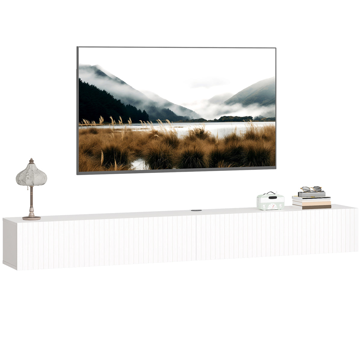 Wall Mount Tv Stand Cabinet With Fluted Flip-down Doors | White