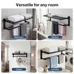 Towel Holder With 2 Bars Wall Mounted No Drill Bathroom Shelf Black | Black