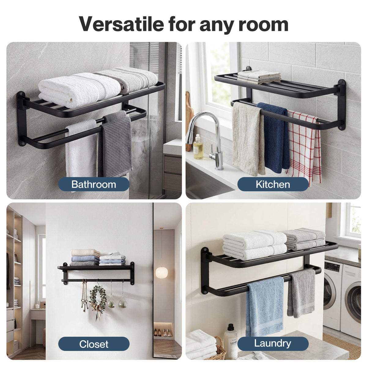 Towel Holder With 2 Bars Wall Mounted No Drill Bathroom Shelf Black | Black