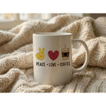 Dyzi Peace Love Coffee Quote Ceramic Coffee Mug White