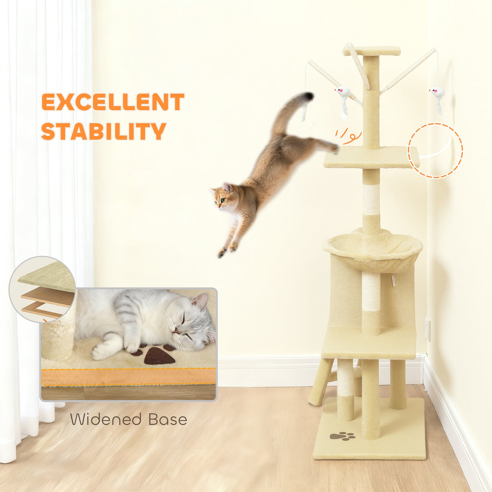 Cat Tree For Indoor Cats, 134cm Scratching Post Climbing Tower | Beige