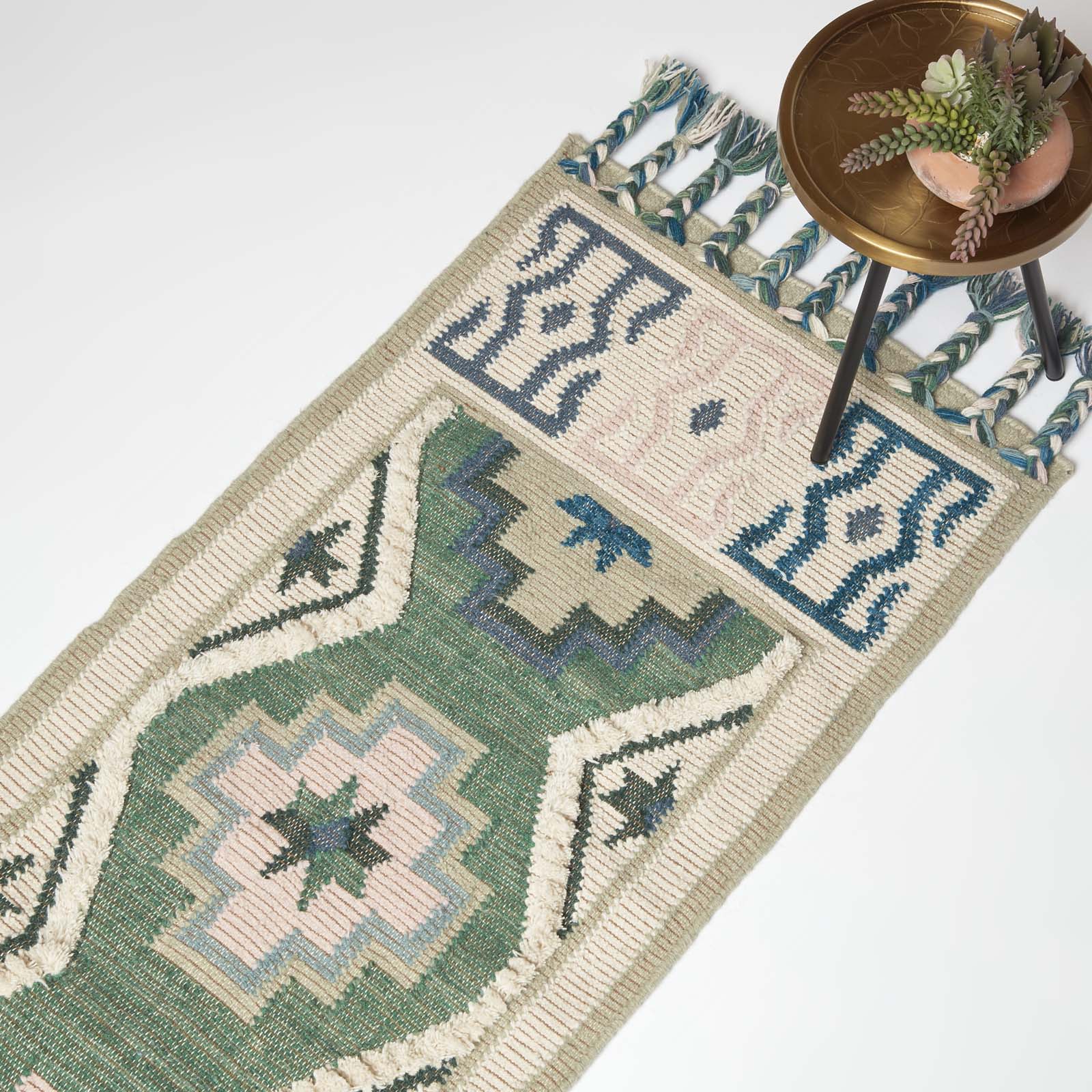 Matala Green & Blue Kilim Wool Rug | 200cm | Light Green