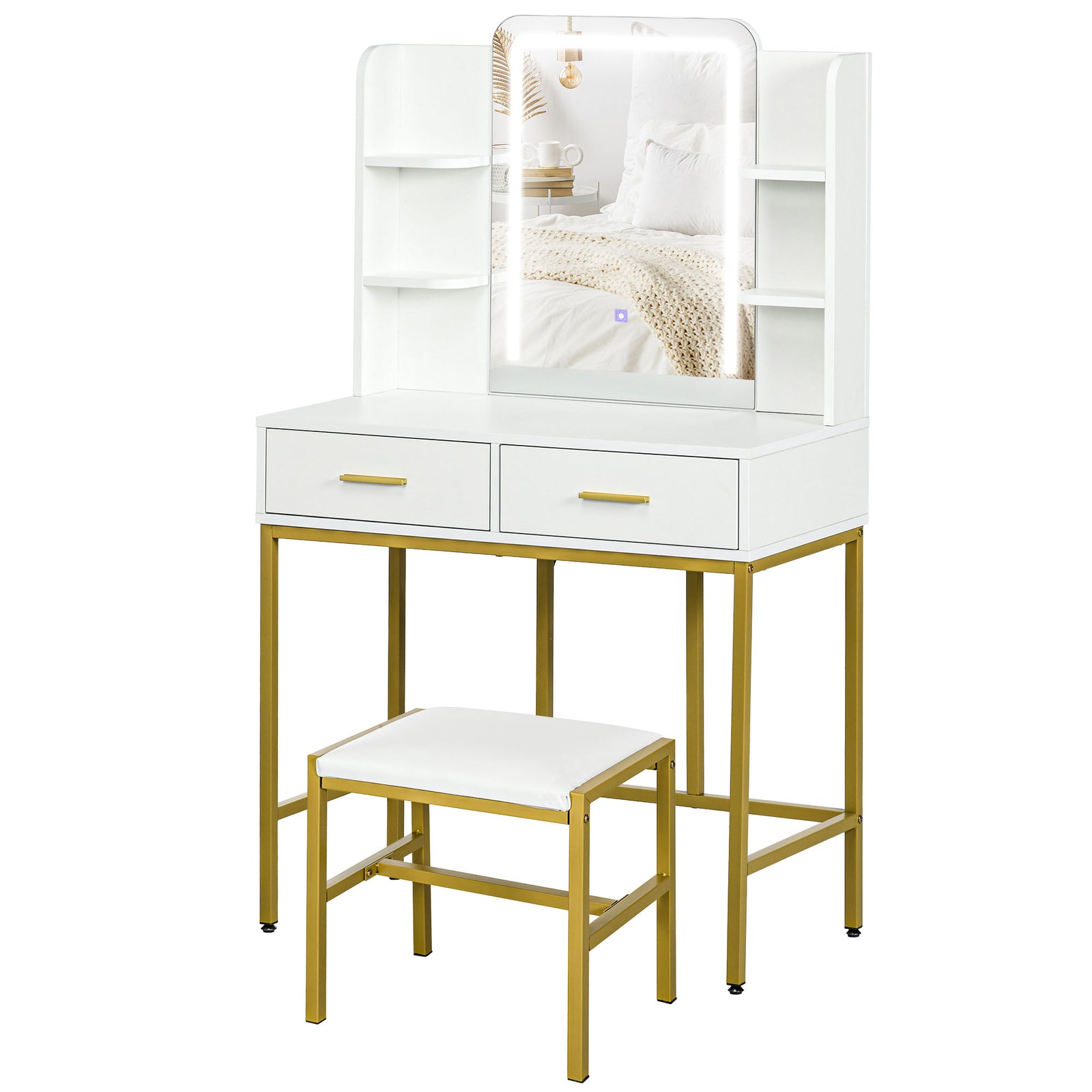 Makeup Vanity Desk Set With Lighting Mirror, Stool, Drawers