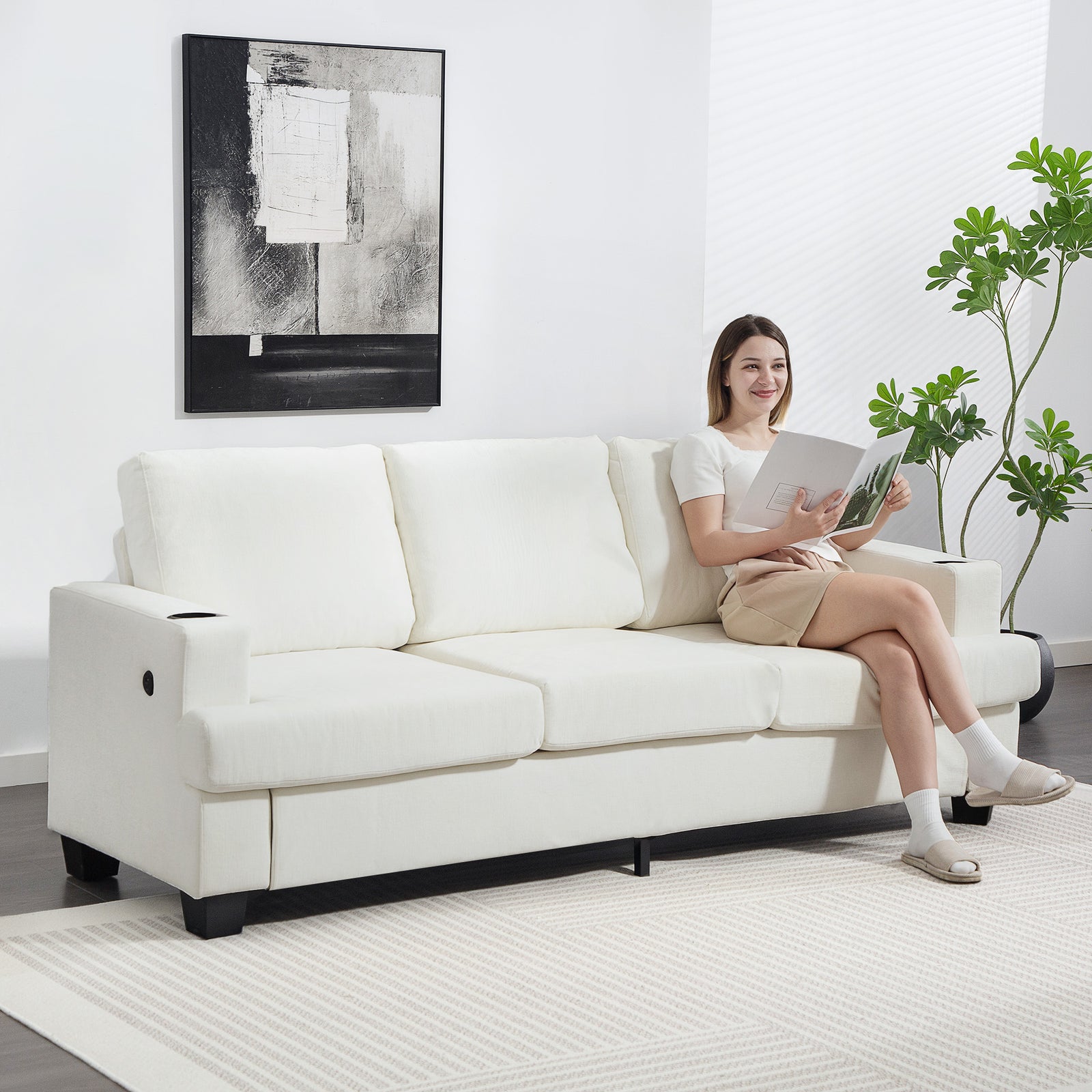 3 Seater Sofa, Fabric Sofa With Usb Ports And Cup Holders | White