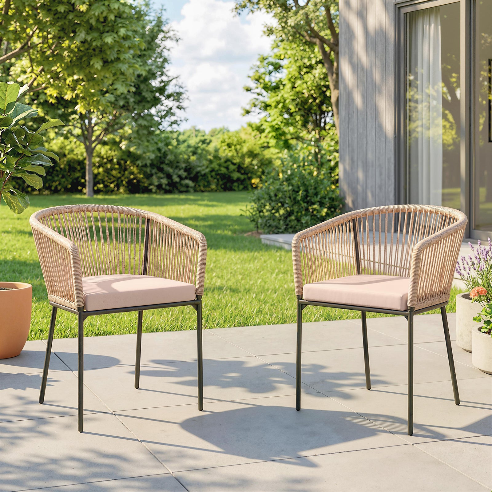 Outsunny Garden Chairs Set Of 2, Rattan Dining Chairs With Cushions, Natural