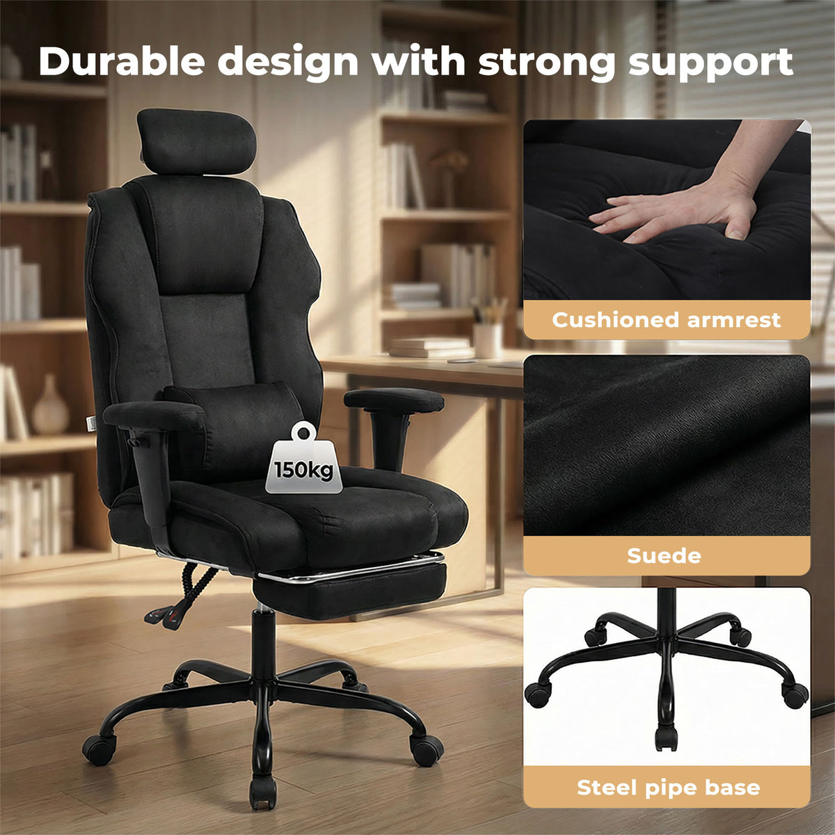 Ergonomic Office Chair Suede Fabric Wide Seat 155° Recline Footrest | Black