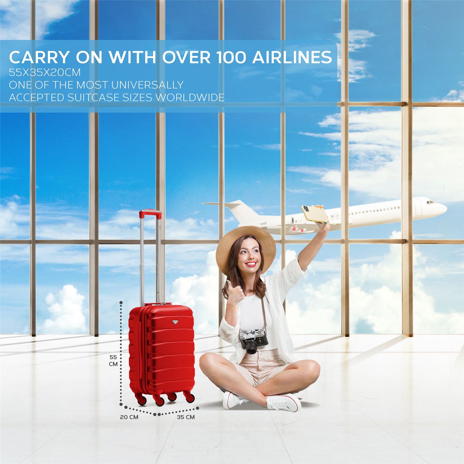 55x35x20cm Cabin Carry On Suitcase Hard Shell Overhead Luggage 100+ Airlines Approved | Cabin | Red