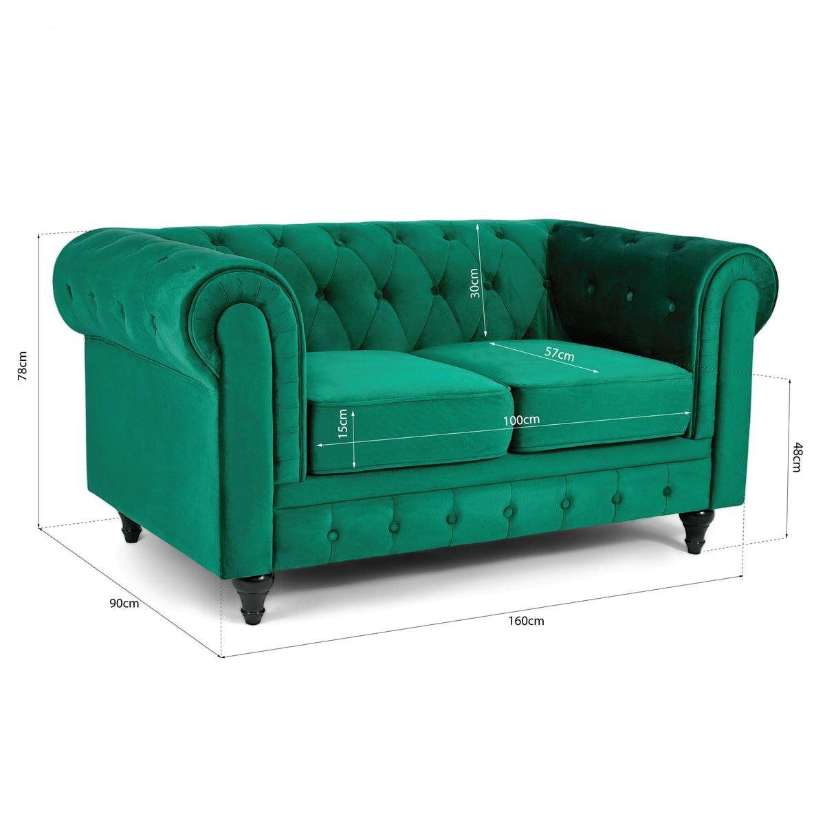 Chesterfield Scroll Arm Velvet Sofa 2 Seater | Emerald