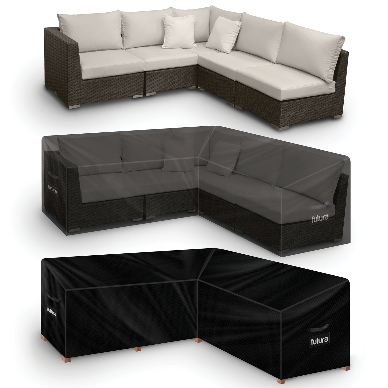 L Shaped Waterproof Garden Furniture Cover, Outdoor Patio Weatherproof Rattan Sofa Shield | 260 x 210 x 80cm | Black
