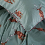 Highland Fell 100% Cotton Duvet Cover Set – Stag Printed Bedding With Piped Edging | Single | Green