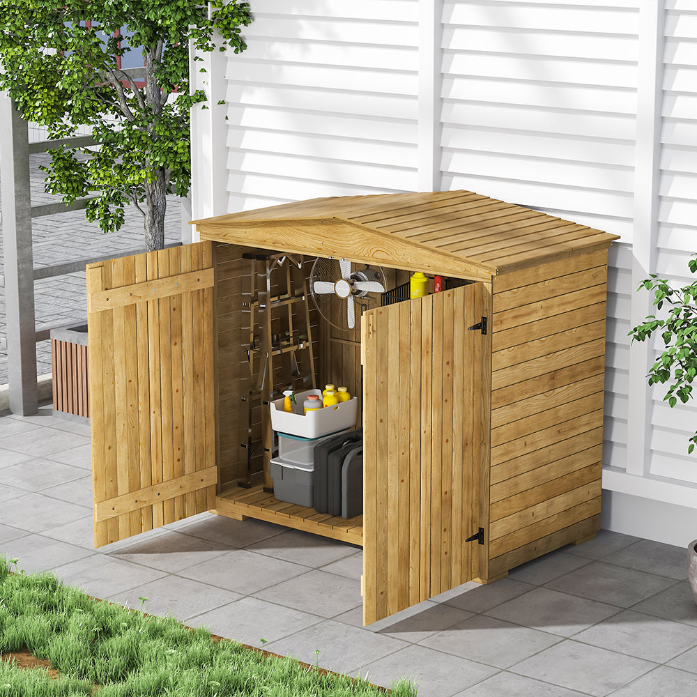Solid Fir Wood Garden Storage Shed, Outdoor Wooden Cabinet With Double Doors & Sloped Roof, Waterproof Painted Tool Storage