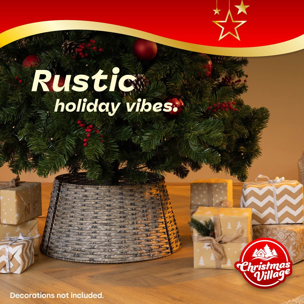 Natural Wicker Tree Skirt By Christmas Village Handcrafted Round Design