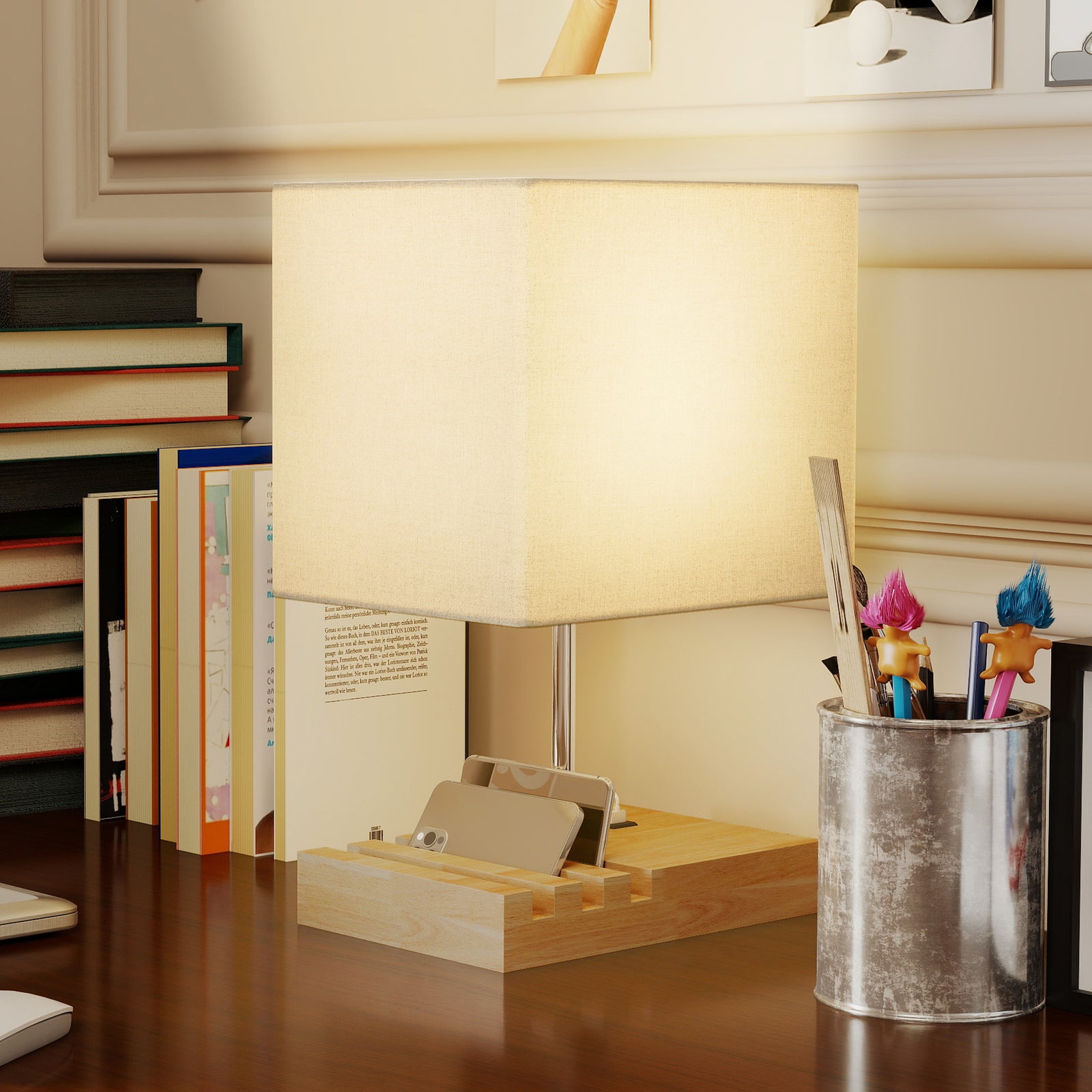 Table Lamp With 3 Slots, Bedside Lamp With Solid Wood Base | Brown