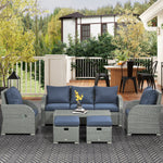 Cushioned Rattan Wicker Sofa, Recliner, Footstool, Table Set | Blue