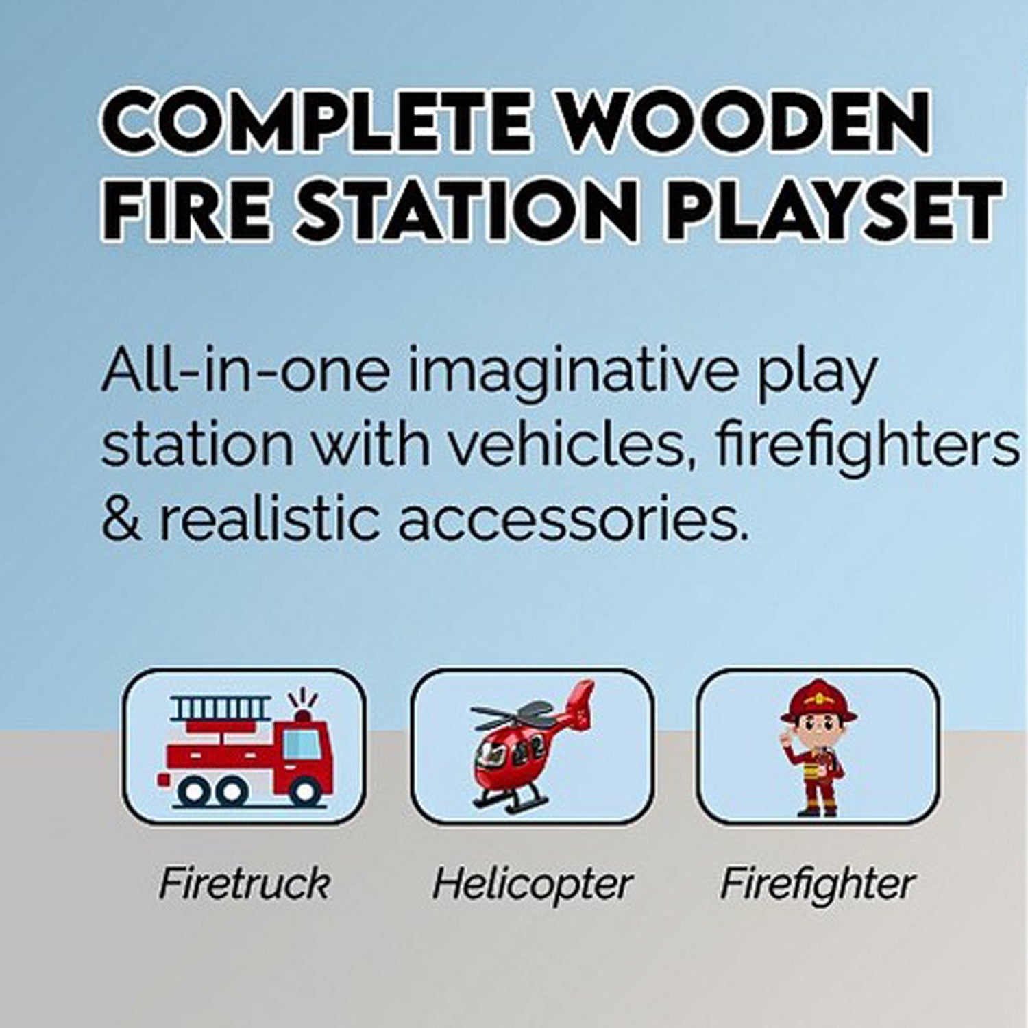 HYGRAD BUILT TO SURVIVE Kids Fire Station Wooden Dollhouse – 3-tier Pretend Play Toy Playse