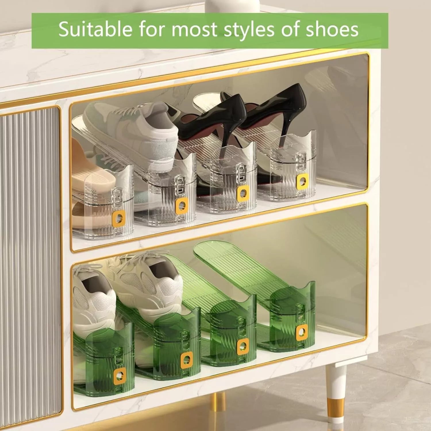 Acrylic Shoe Slot Organiser Adjustable Wardrobe Shoe Stacker Space Saver Rack | Green