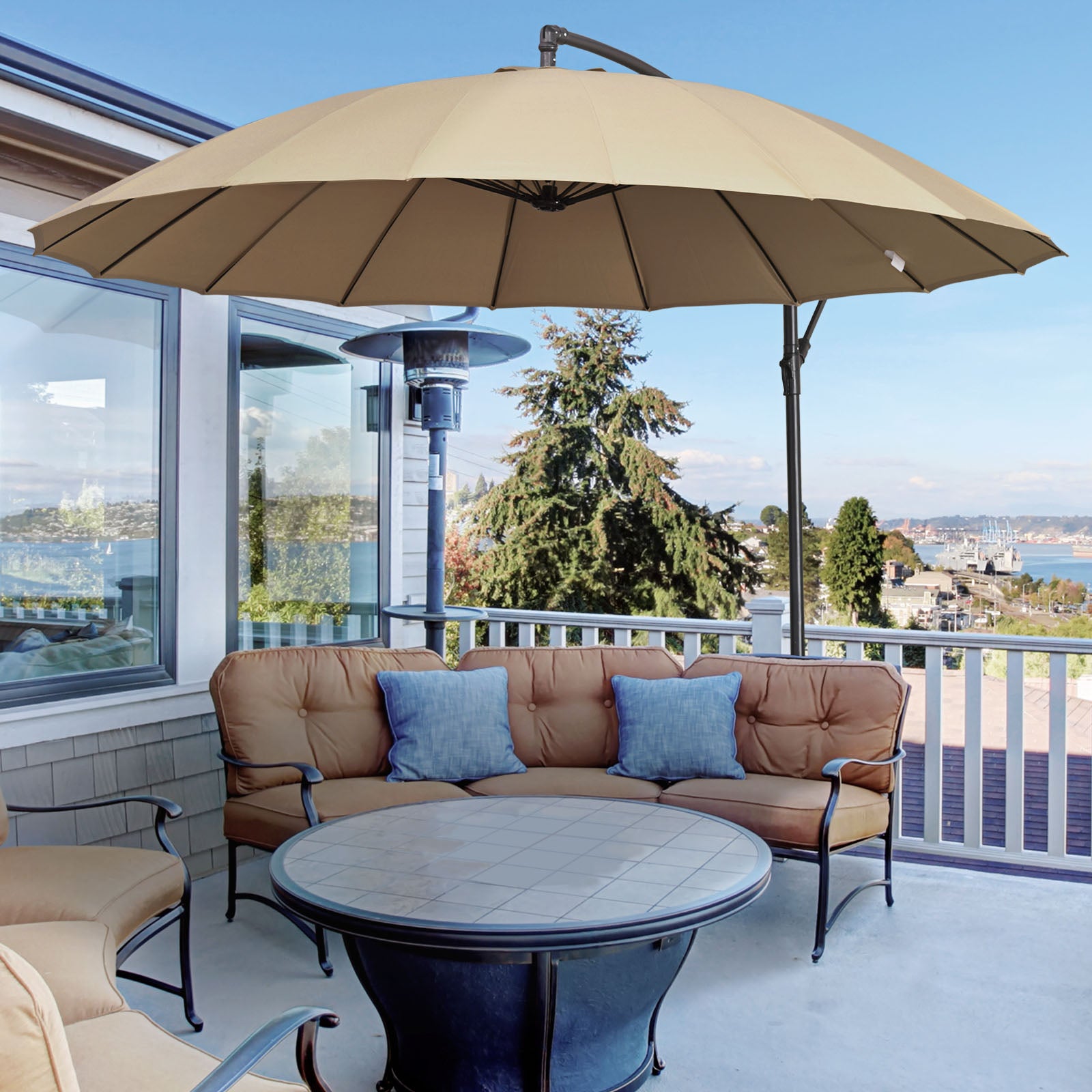 3m Cantilever Shanghai Parasol W/ Crank & Cross Base | Beige