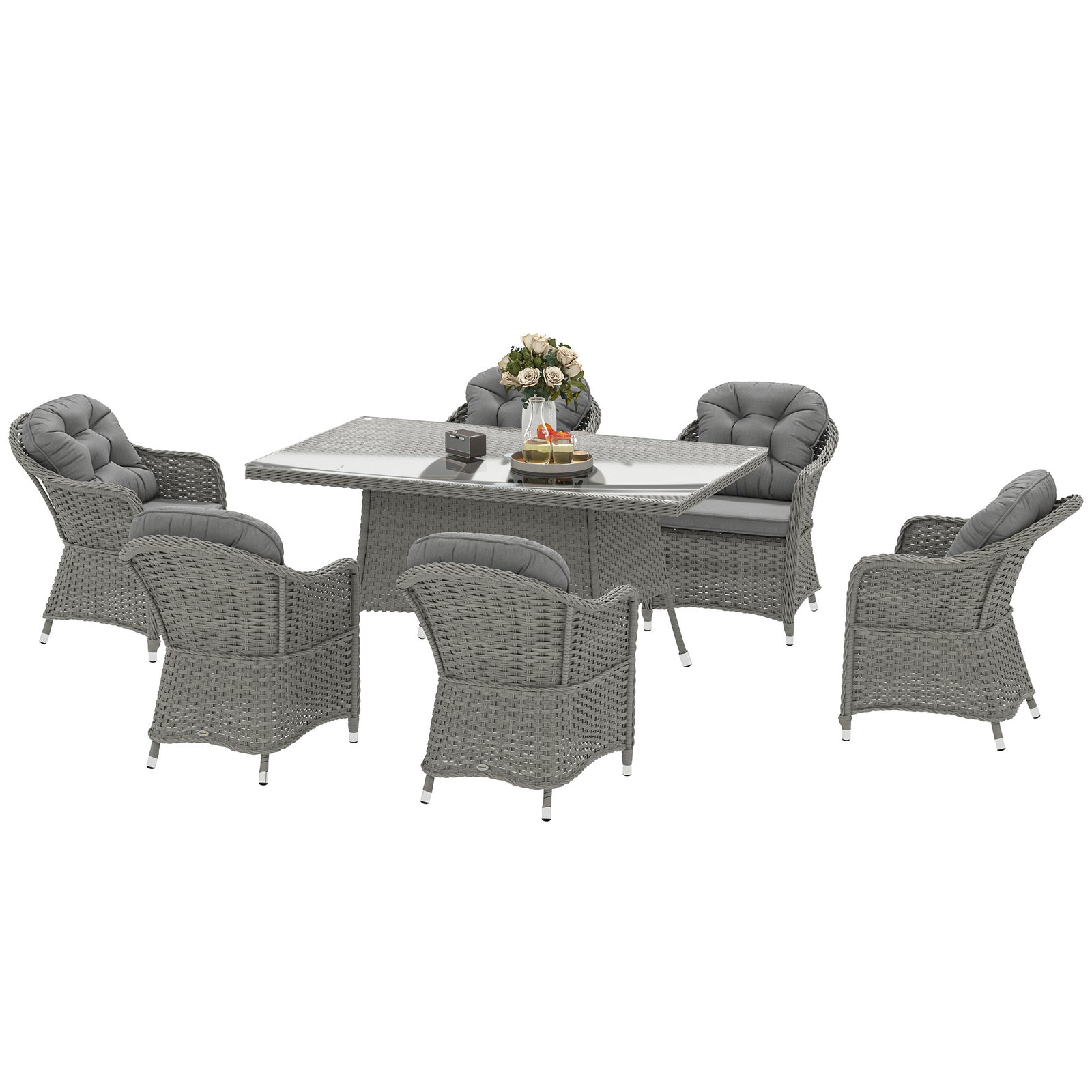 Pe Rattan Garden Dining Set For 6 W/ Seat And Back Cushions
