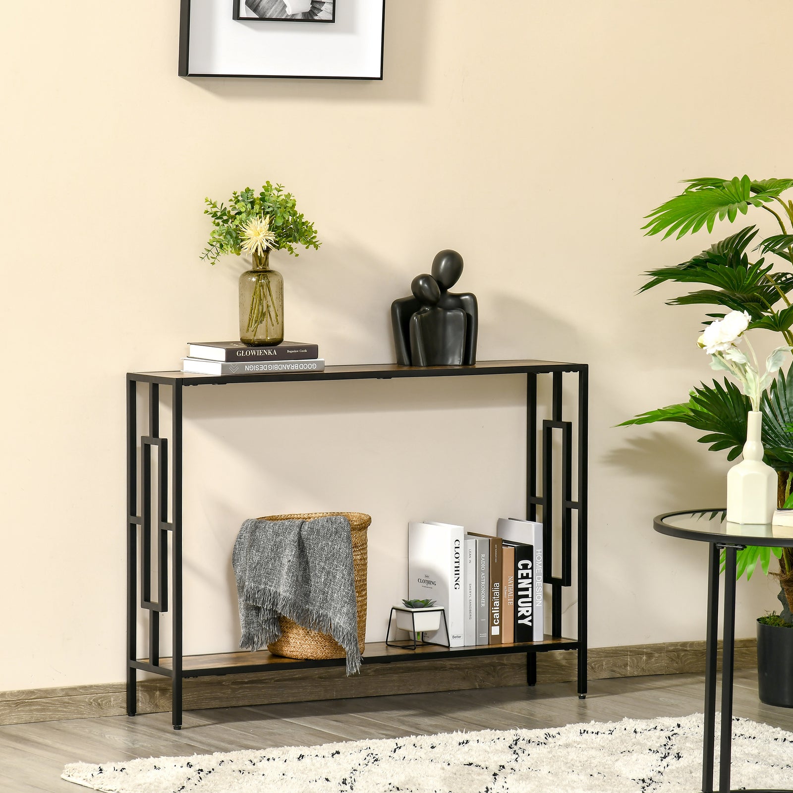 Industrial Console Table W/ Storage Shelf Black Metal Frame | One Size | Brown