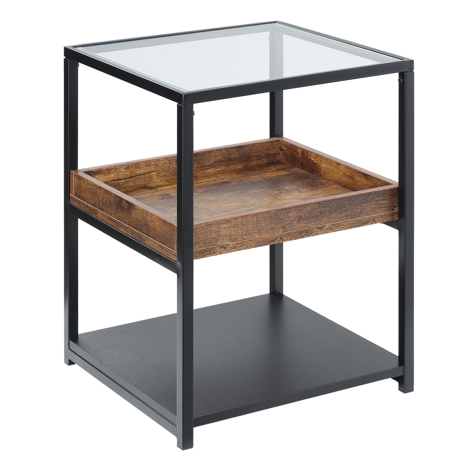 Industrial Side Table W/ 3-tier Storage Shelves | Brown