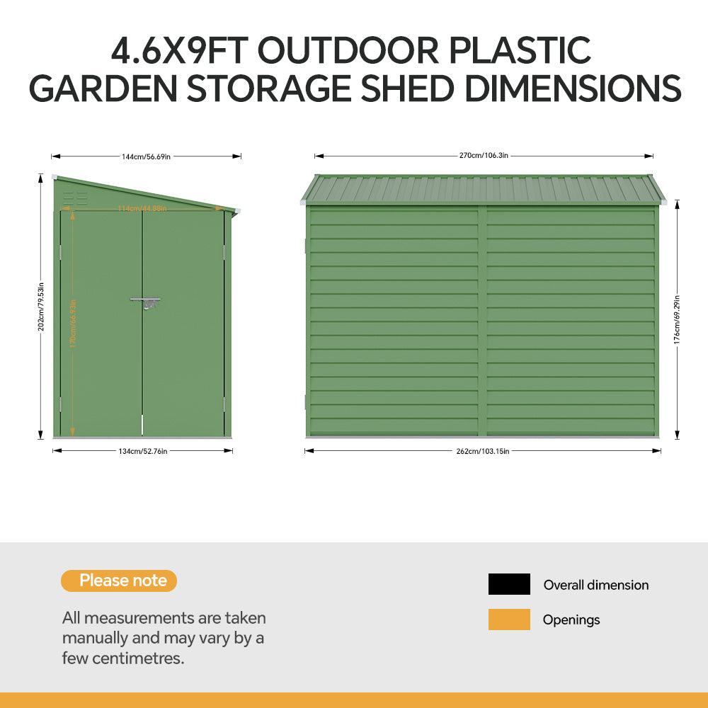 Zinc Steel Metal Garden Shed 4.7 × 8.86 Ft, Sloped Roof Outdoor Storage Shed With Built-in Hooks, Space-saving Design