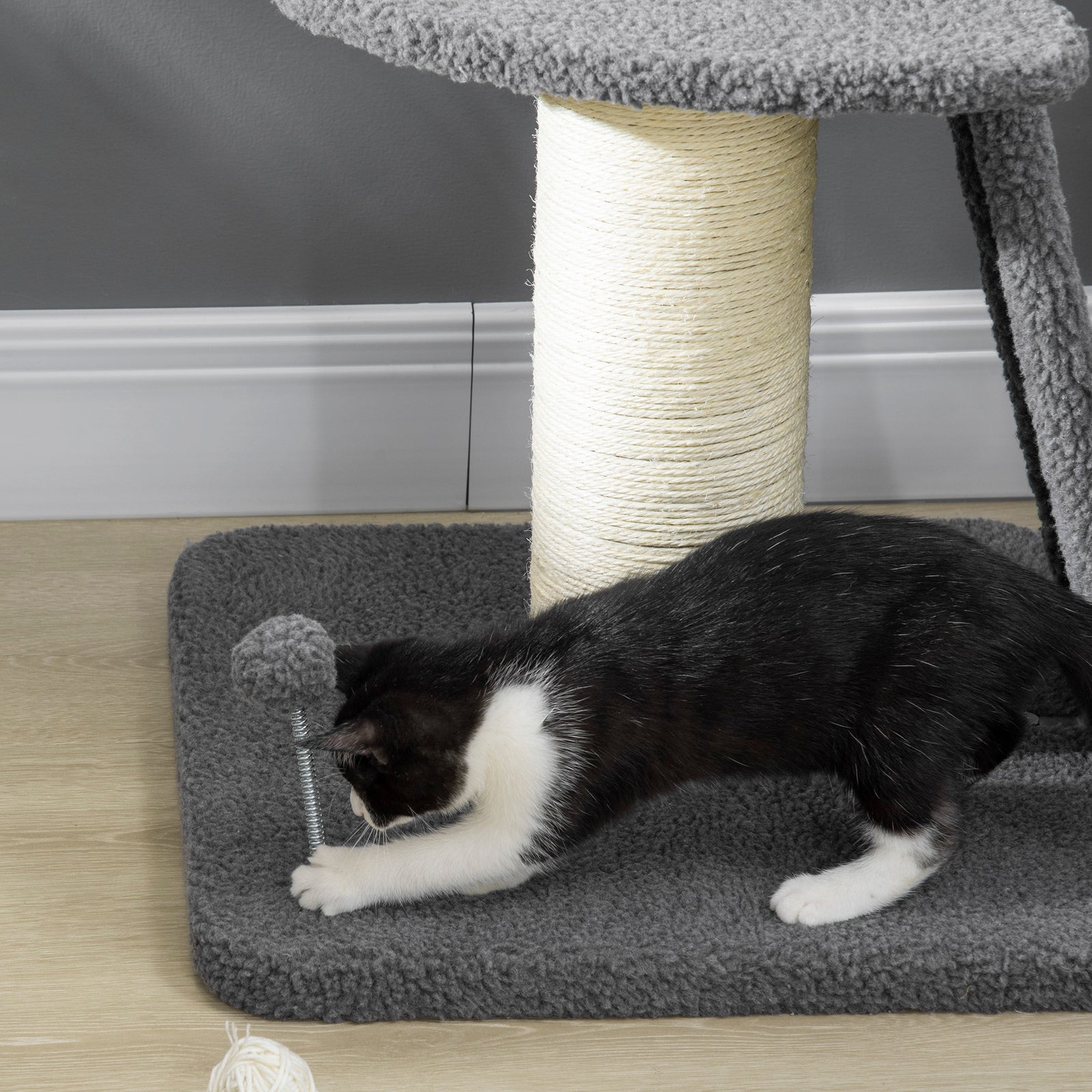 Cat Tree Kitten Tower W/ Scratching Post, Pad, Dark Grey, Ball