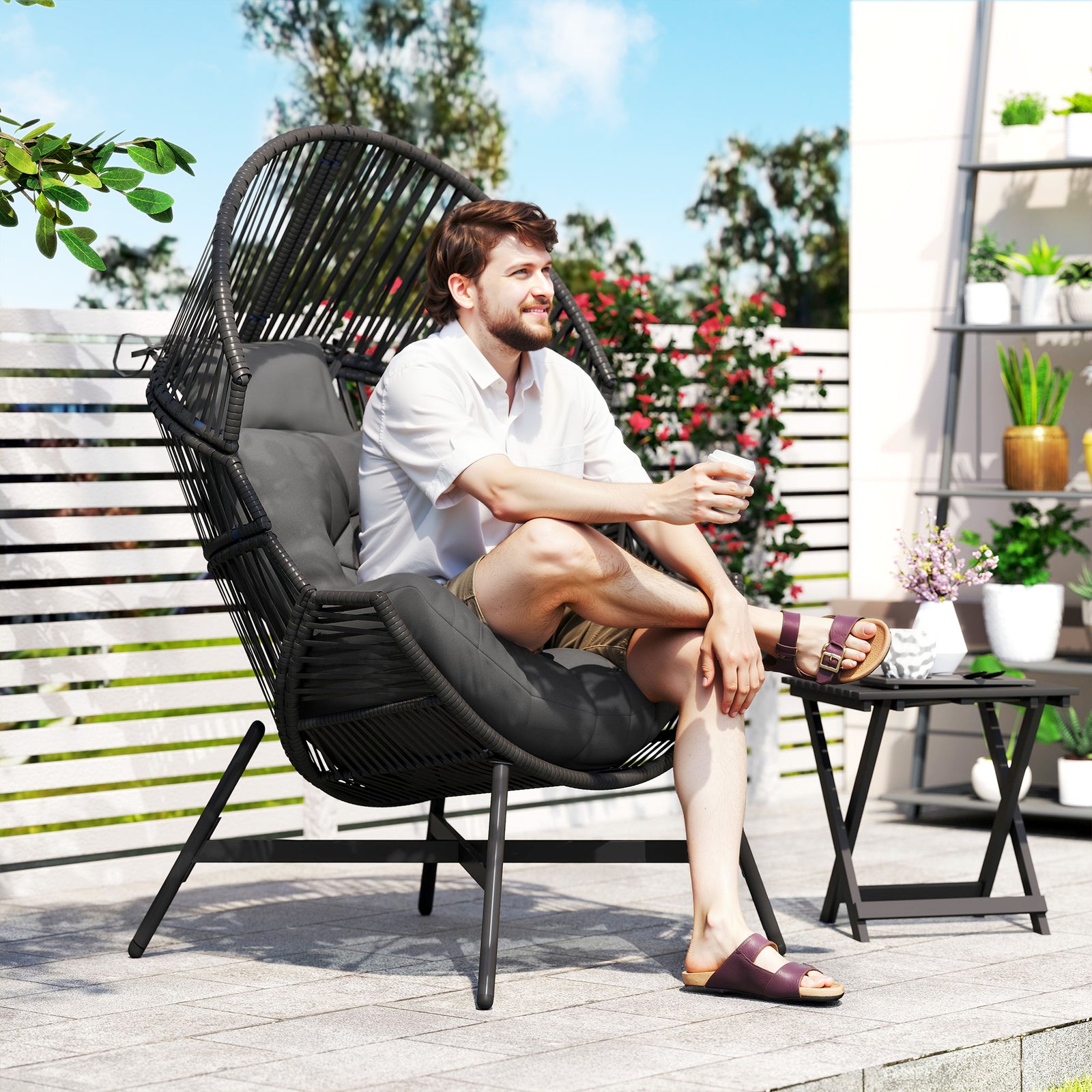 Standing Rattan Garden Egg Chair With Headrest