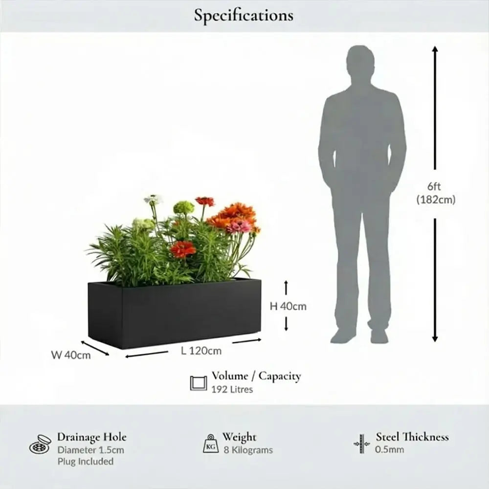 Zinc Galvanised Trough Planter | 120cm x 40cm x 40cm | Matte Black