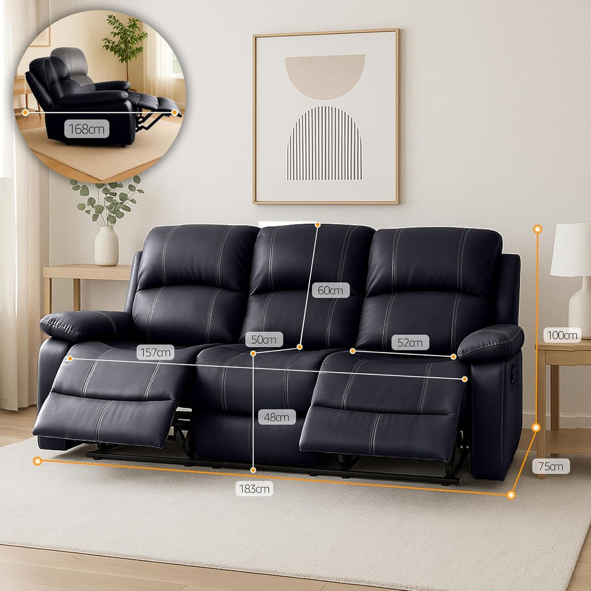 Manual Recliner Sofa 3 Seater Faux Leather | Black