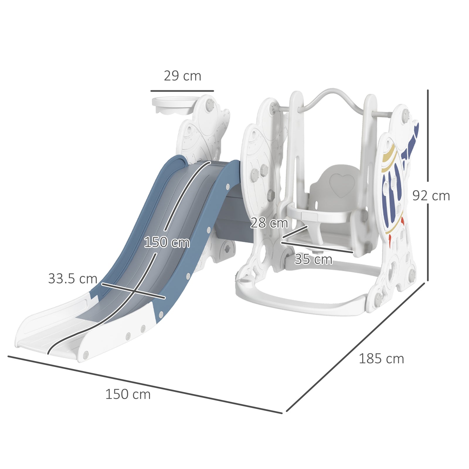 Space-themed Slide And Swing Set For Kids W/ Basketball Hoop | Blue