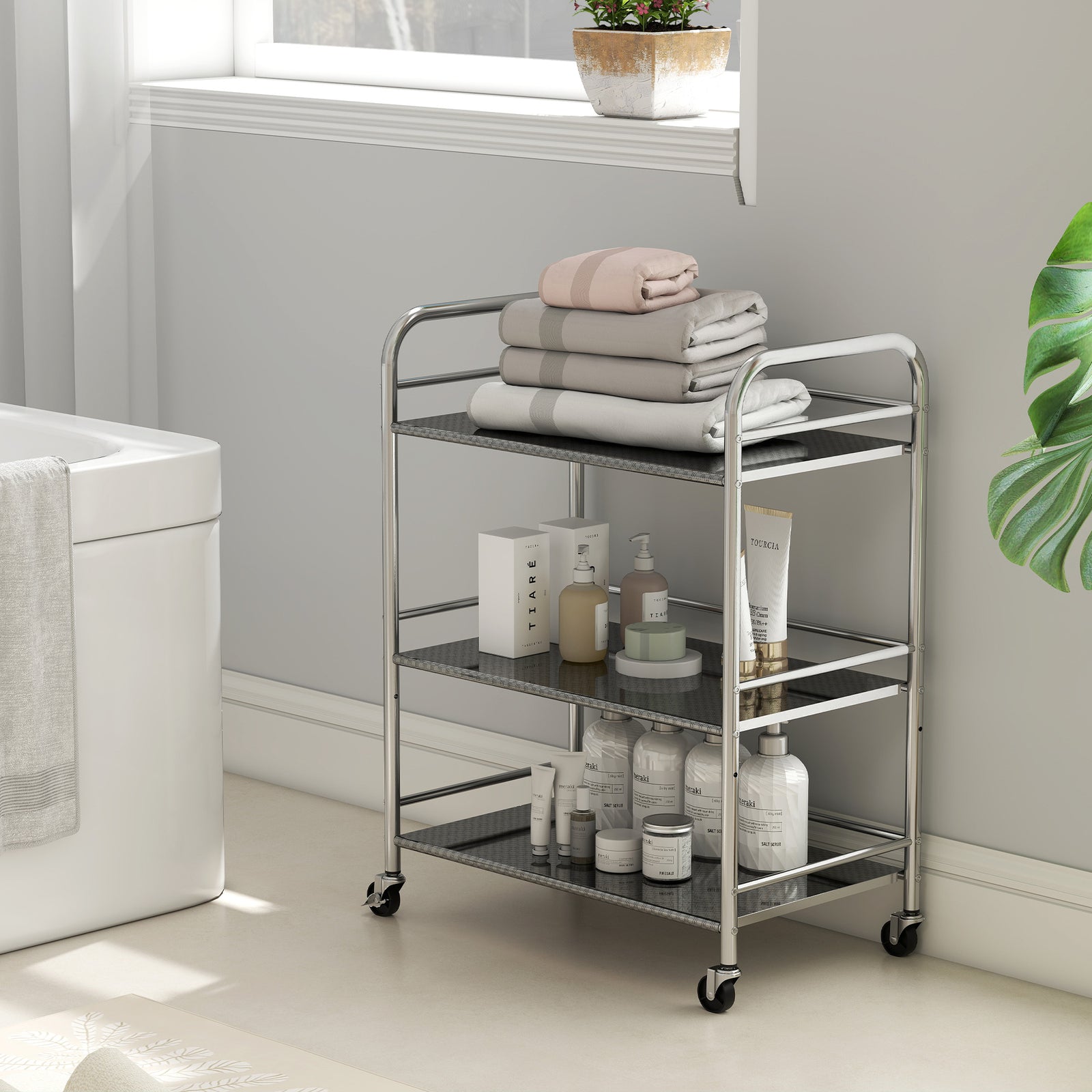 3 Tier Kitchen Trolley On Wheels Serving Cart With Handles Silver
