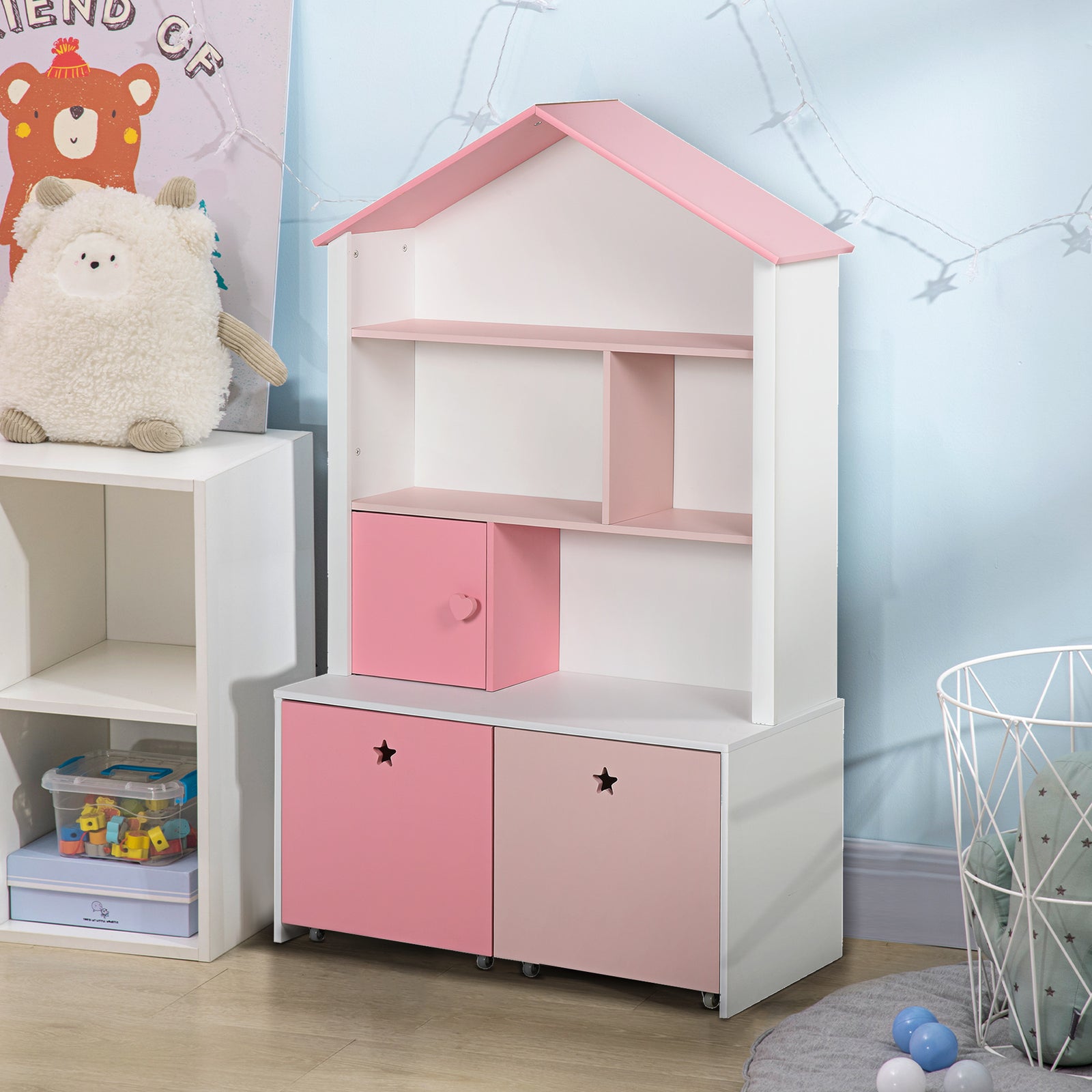 Kids Bookshelf Chest Drawer With Wheels Baby Toy Wood Organizer Pink