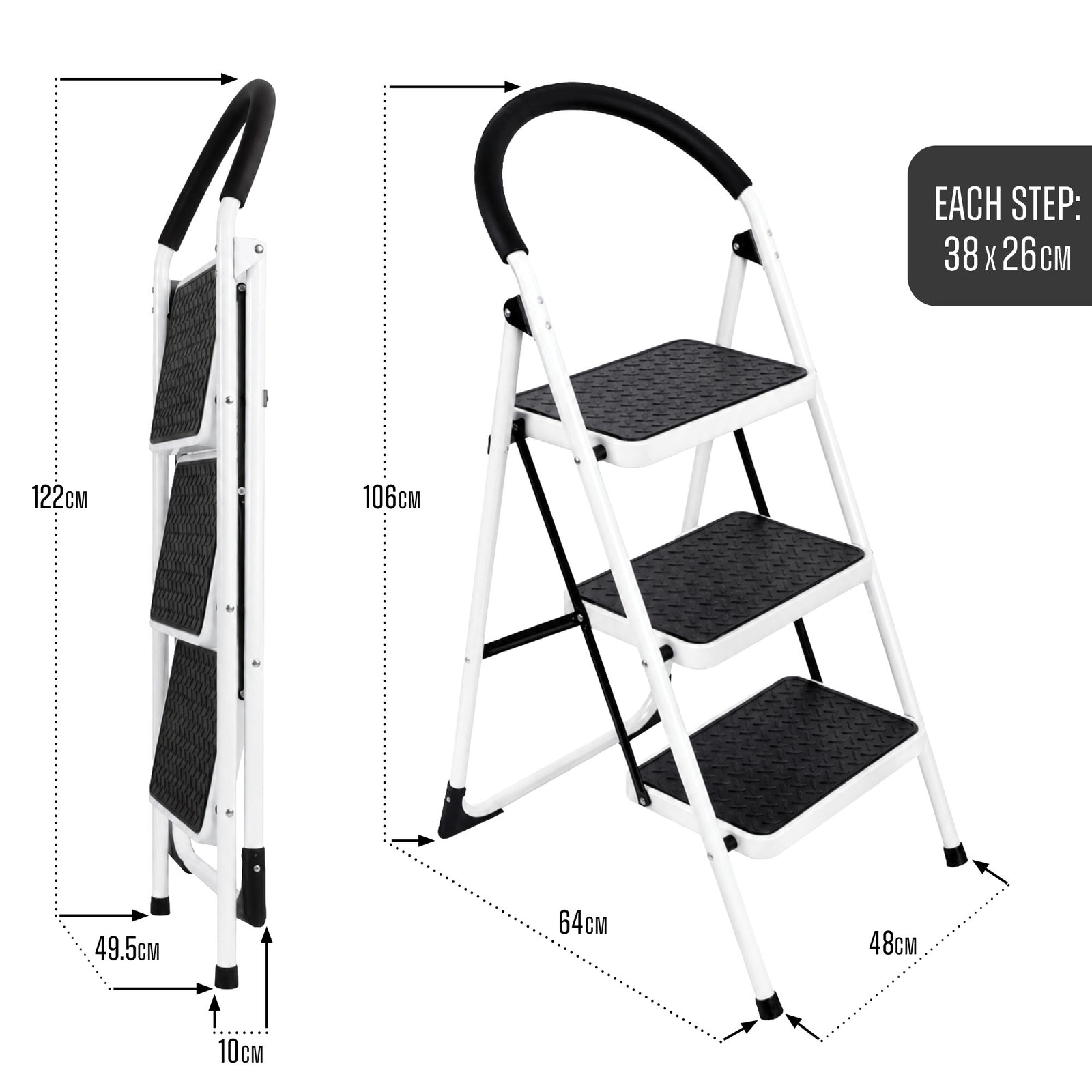 Step Ladder Premium Heavy-duty Steel Folding Step Stool 150kg Capacity | 3 Step | White